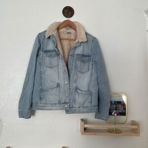 Topshop Moto Denim Sherpa Lined Trucker‎ Jacket Light Wash Size 8
